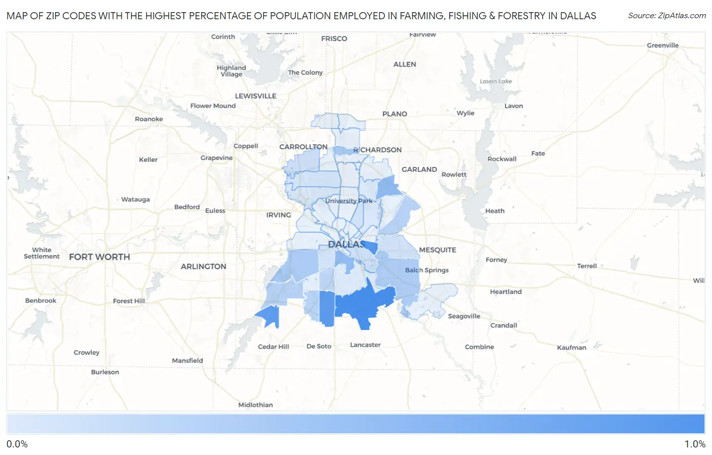 Zip Codes with the Highest Percentage of Population Employed in Farming, Fishing & Forestry in Dallas Map