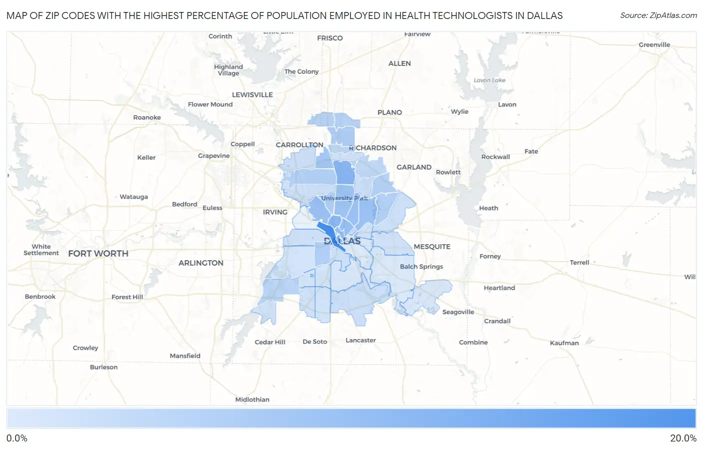 Zip Codes with the Highest Percentage of Population Employed in Health Technologists in Dallas Map