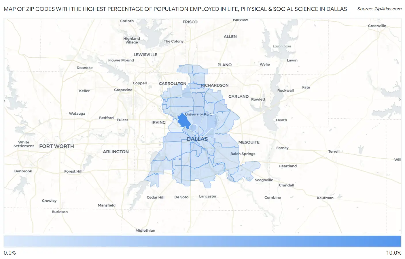 Zip Codes with the Highest Percentage of Population Employed in Life, Physical & Social Science in Dallas Map