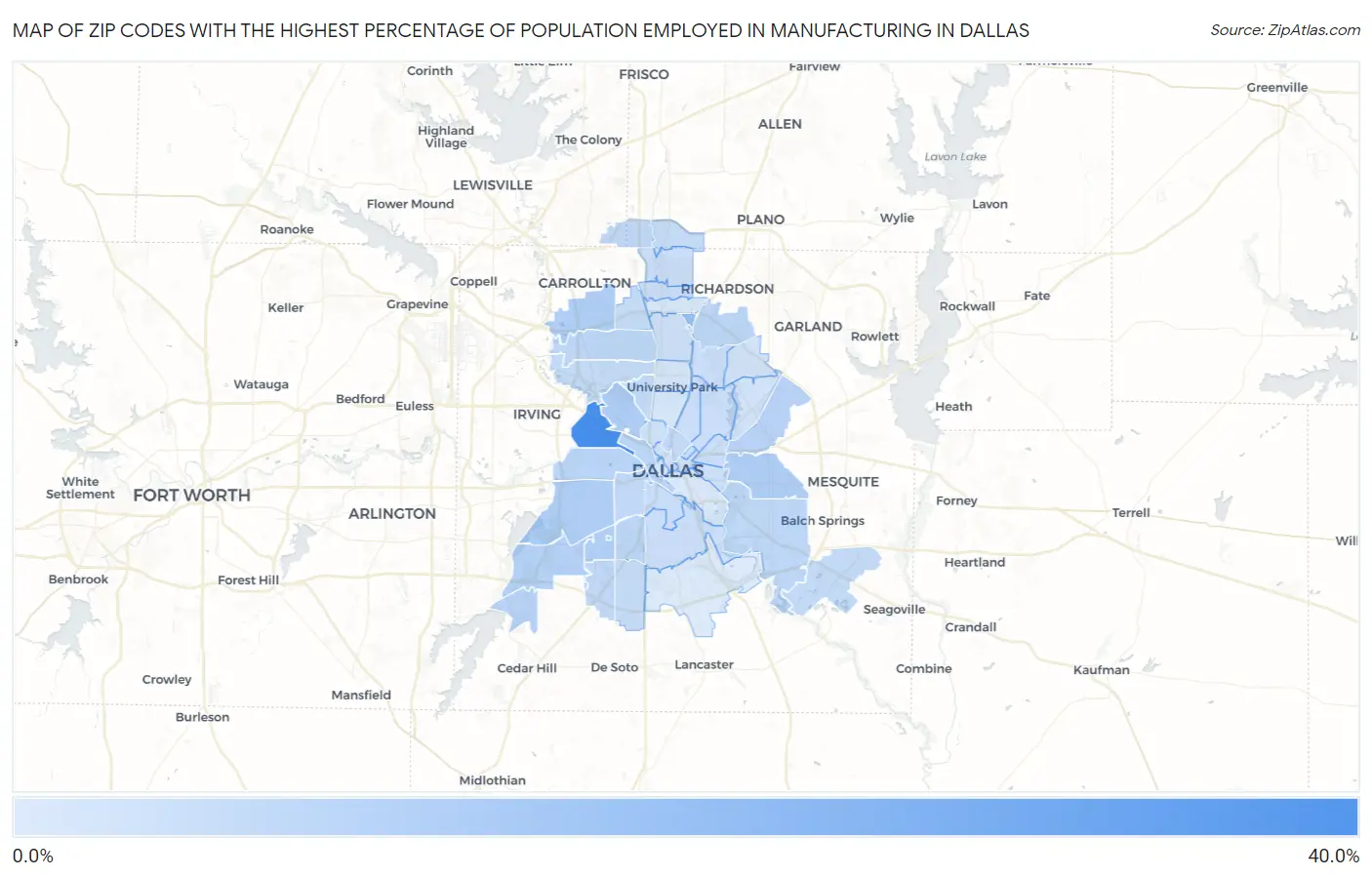 Zip Codes with the Highest Percentage of Population Employed in Manufacturing in Dallas Map