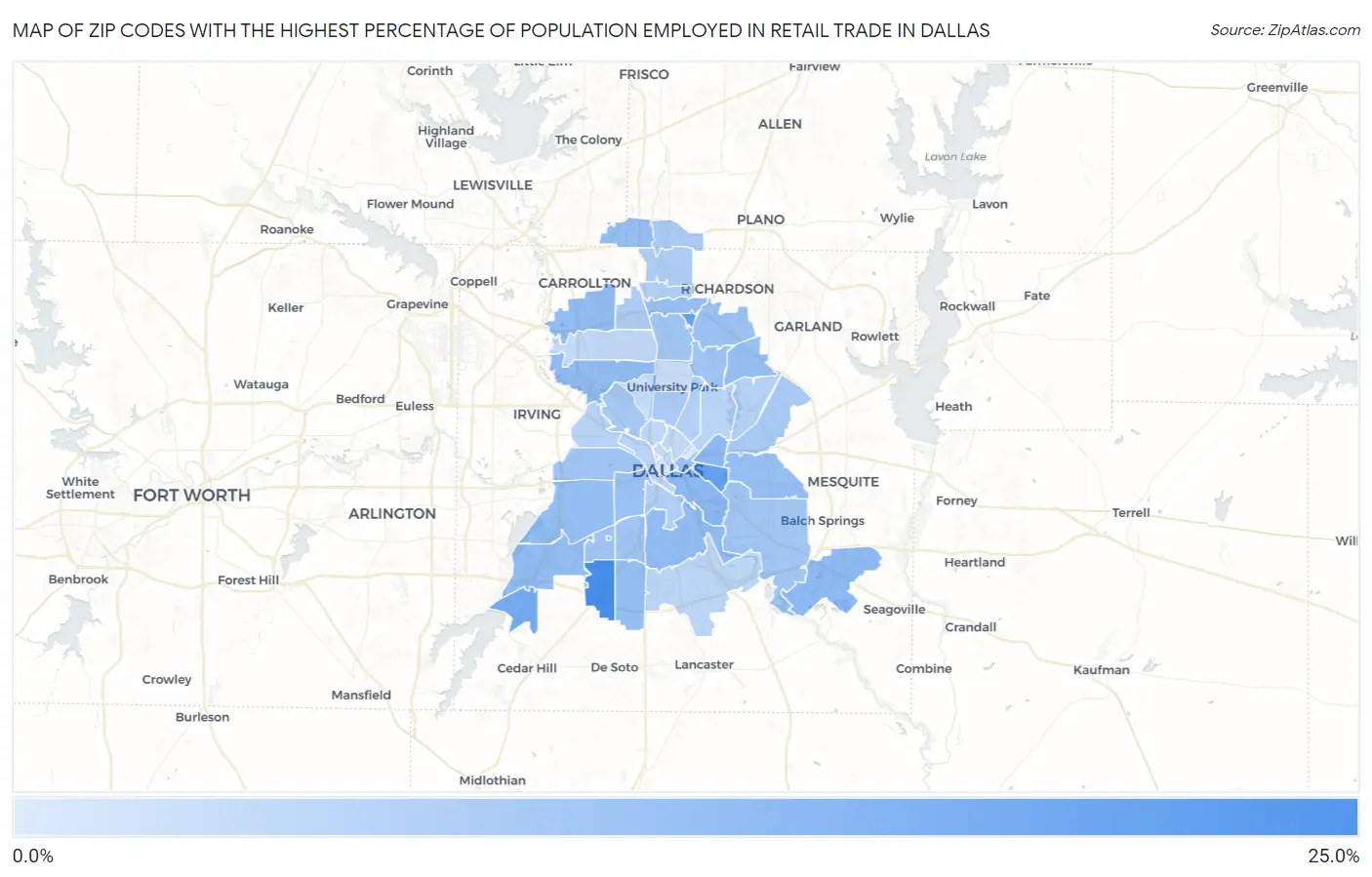 Zip Codes with the Highest Percentage of Population Employed in Retail Trade in Dallas Map