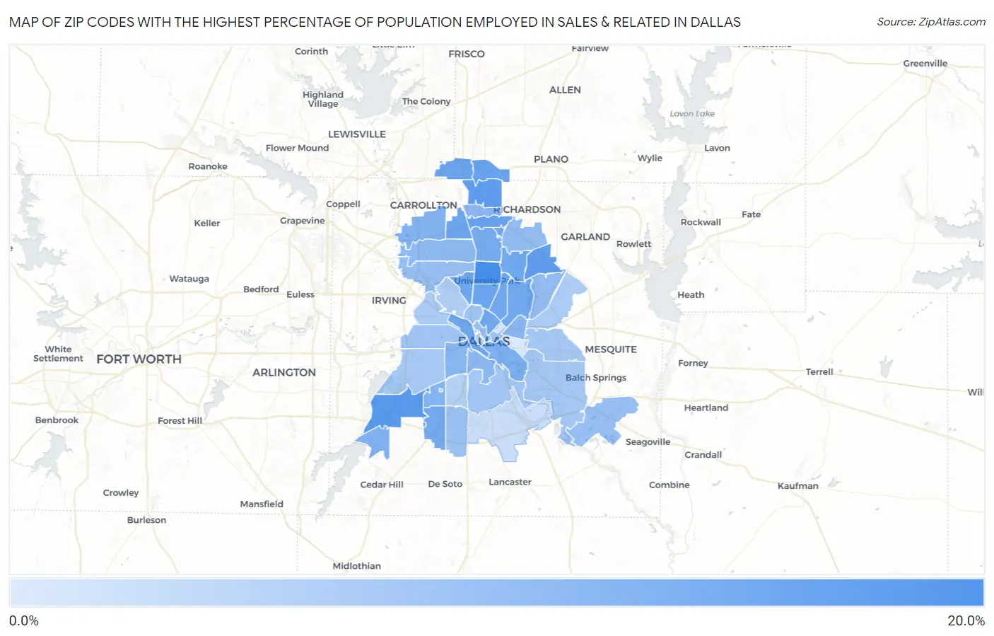 Zip Codes with the Highest Percentage of Population Employed in Sales & Related in Dallas Map
