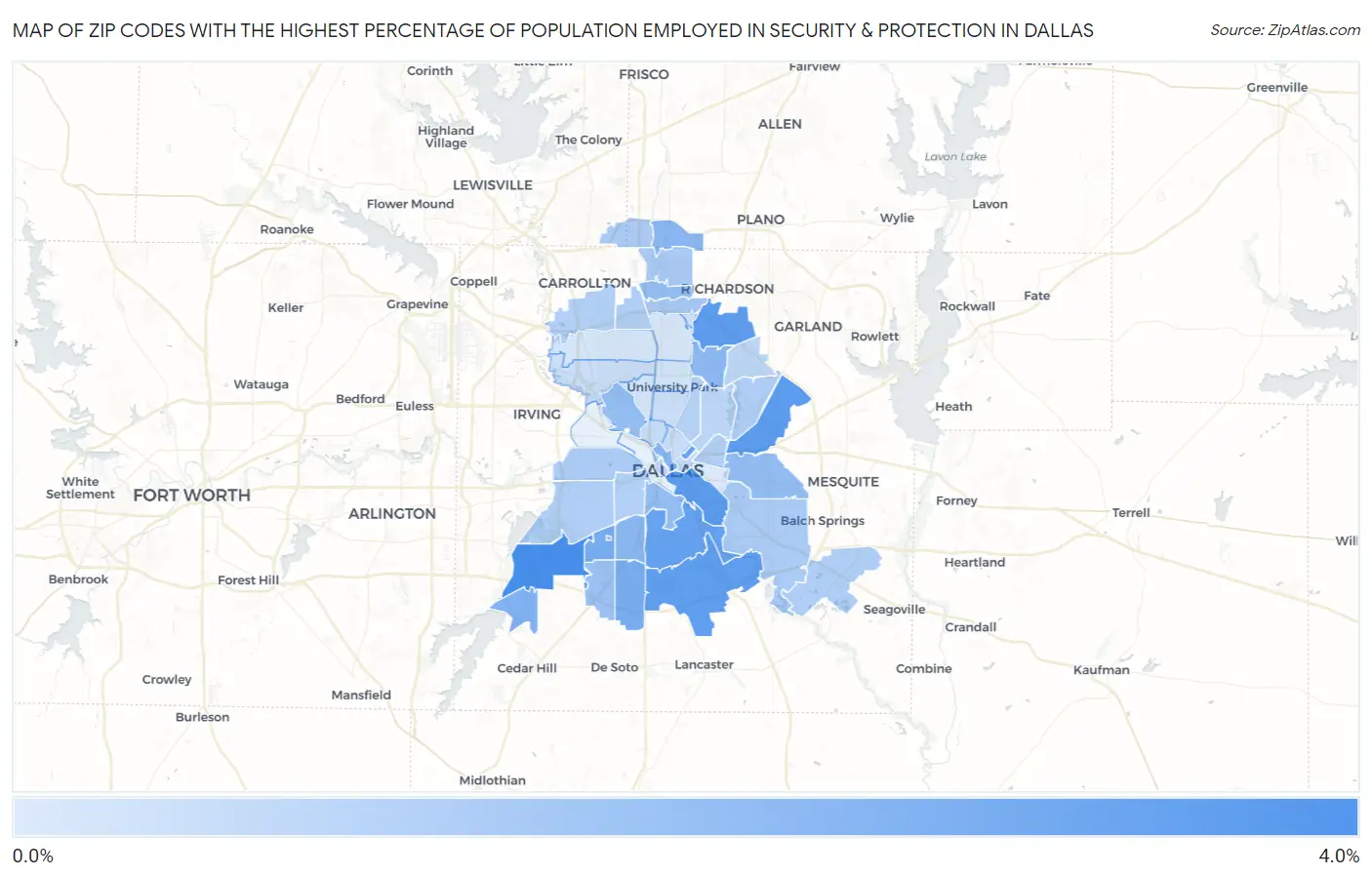 Zip Codes with the Highest Percentage of Population Employed in Security & Protection in Dallas Map
