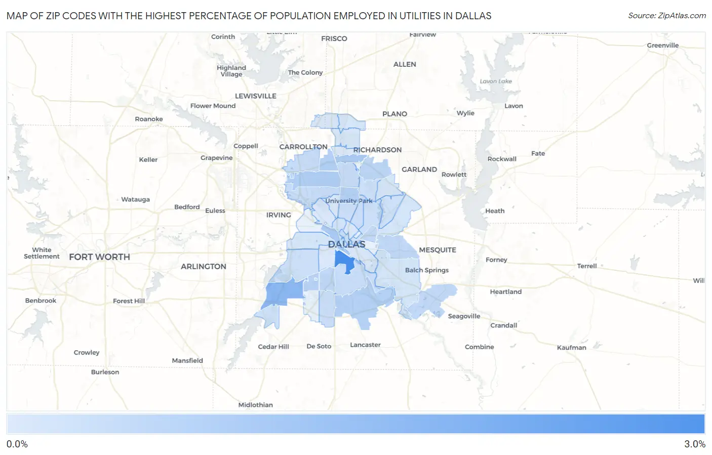 Zip Codes with the Highest Percentage of Population Employed in Utilities in Dallas Map