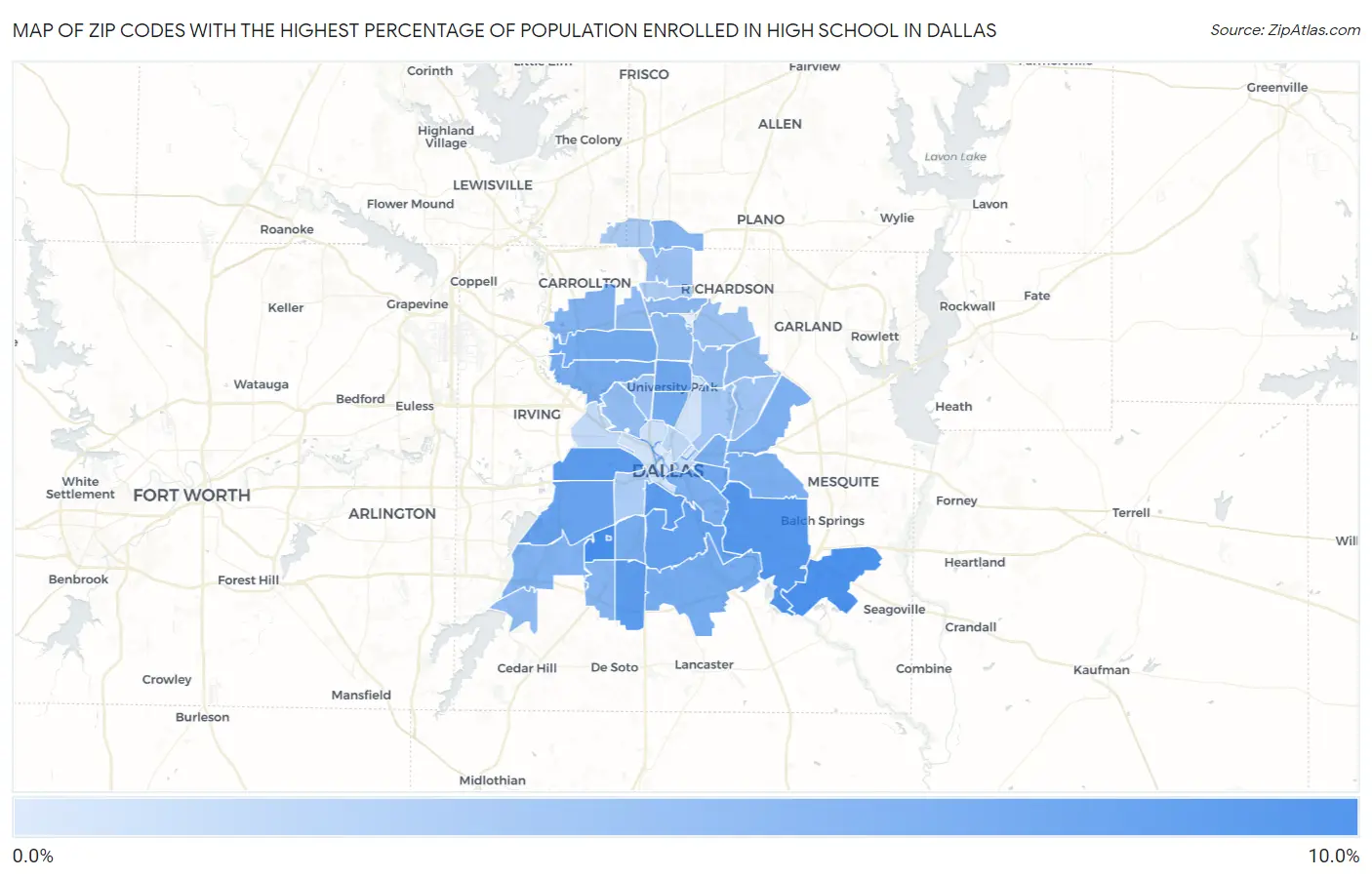 Zip Codes with the Highest Percentage of Population Enrolled in High School in Dallas Map