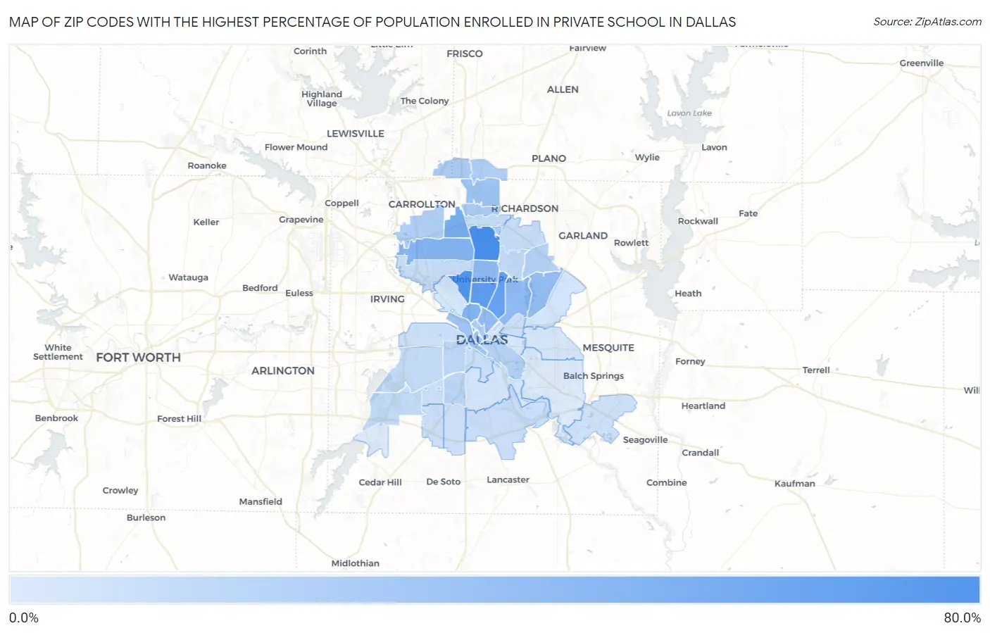 Zip Codes with the Highest Percentage of Population Enrolled in Private School in Dallas Map