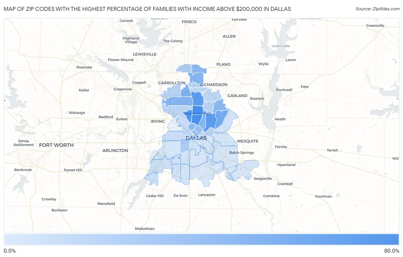 Zip Codes with the Highest Percentage of Families with Income Above $200,000 in Dallas Map