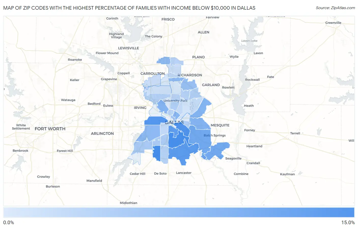 Zip Codes with the Highest Percentage of Families with Income Below $10,000 in Dallas Map