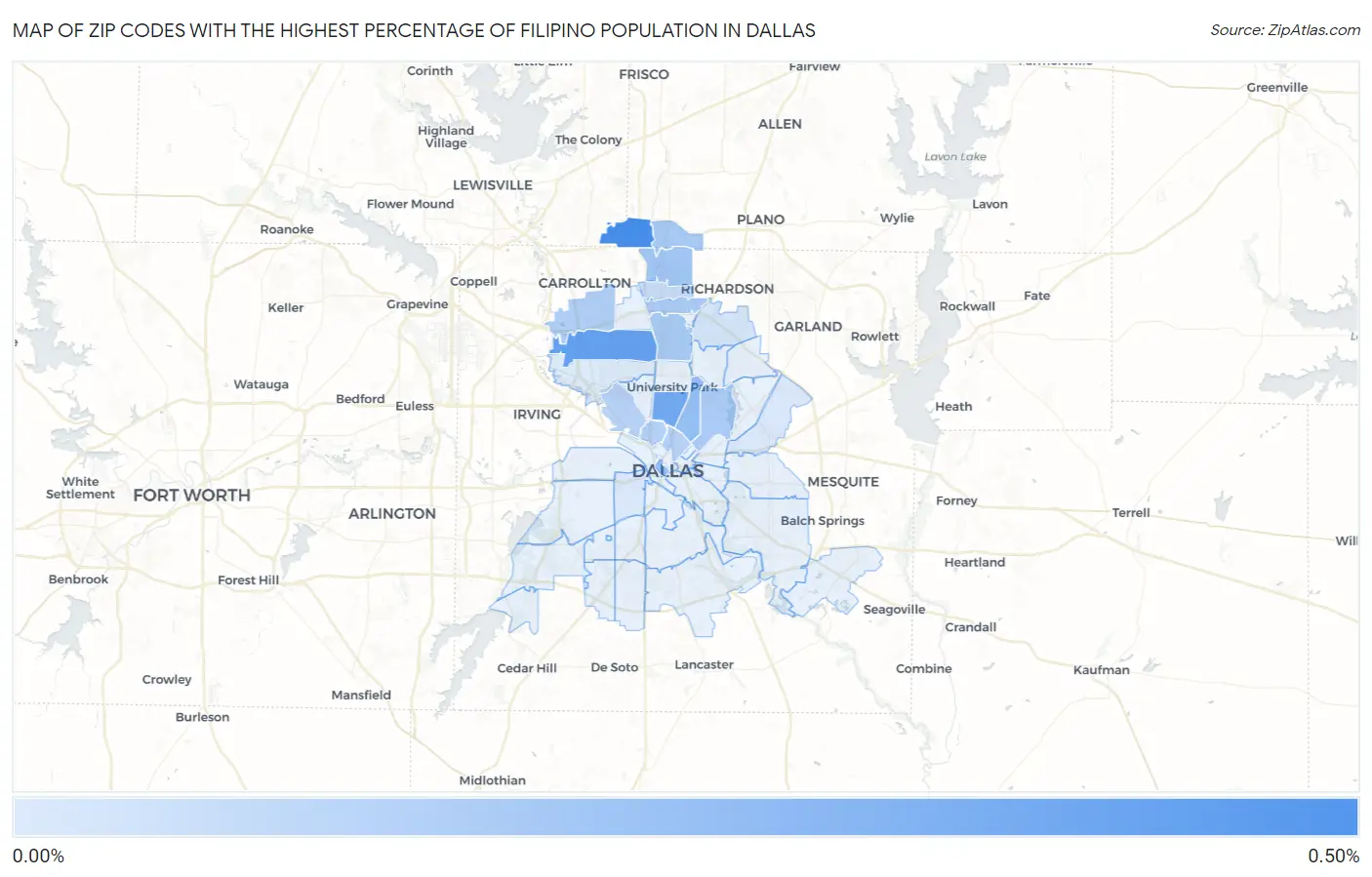 Zip Codes with the Highest Percentage of Filipino Population in Dallas Map