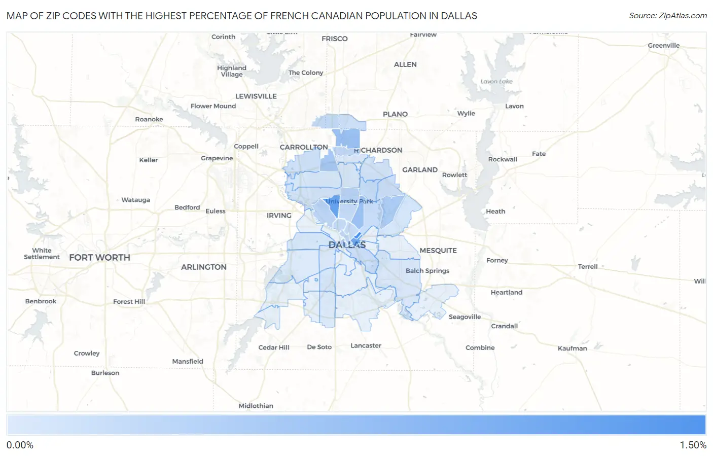 Zip Codes with the Highest Percentage of French Canadian Population in Dallas Map