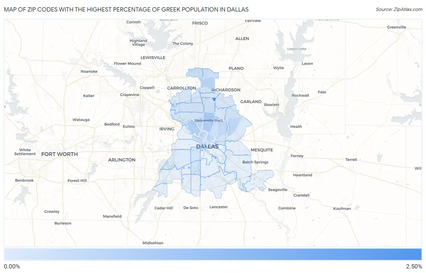 Zip Codes with the Highest Percentage of Greek Population in Dallas Map