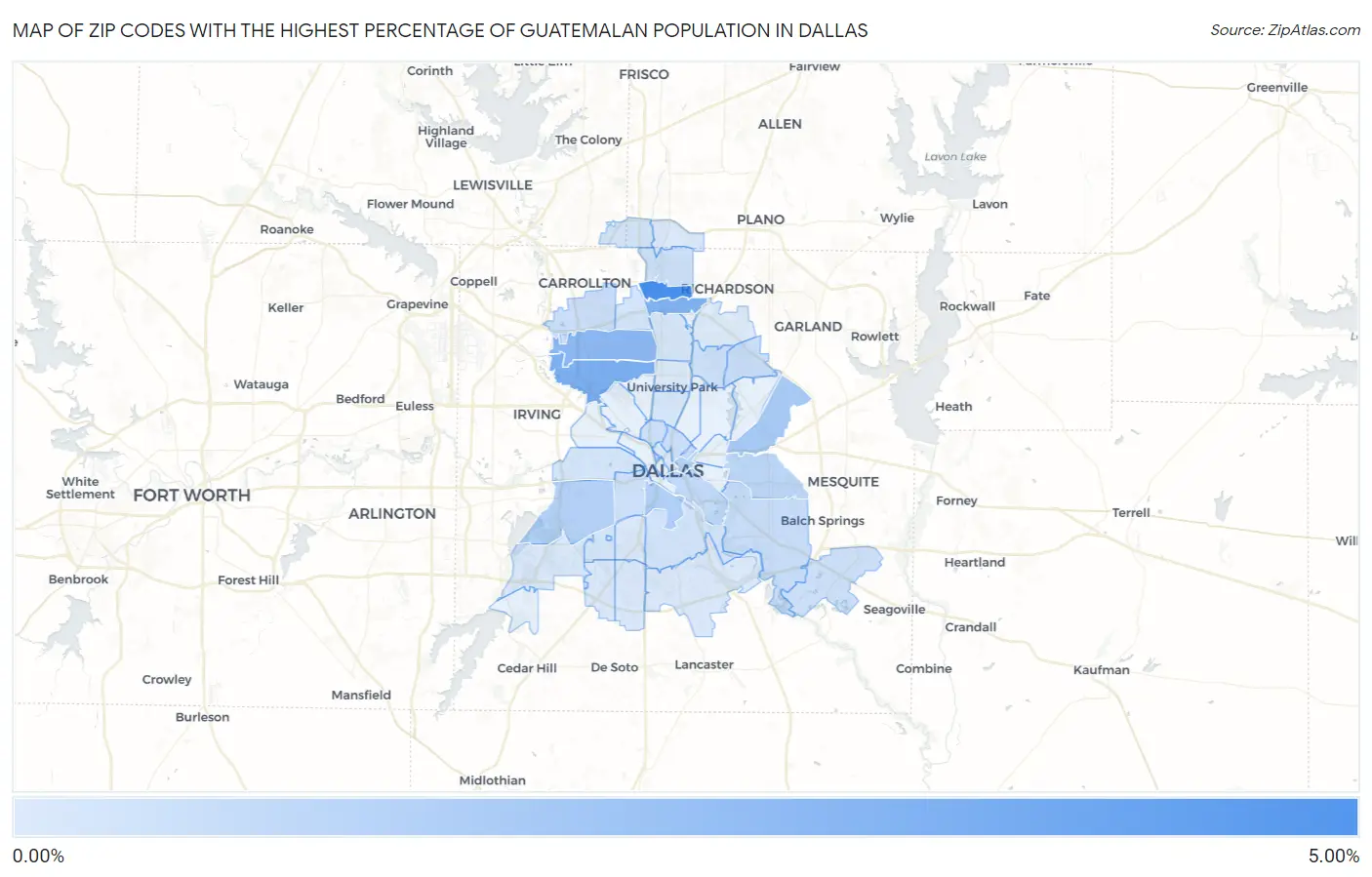 Zip Codes with the Highest Percentage of Guatemalan Population in Dallas Map