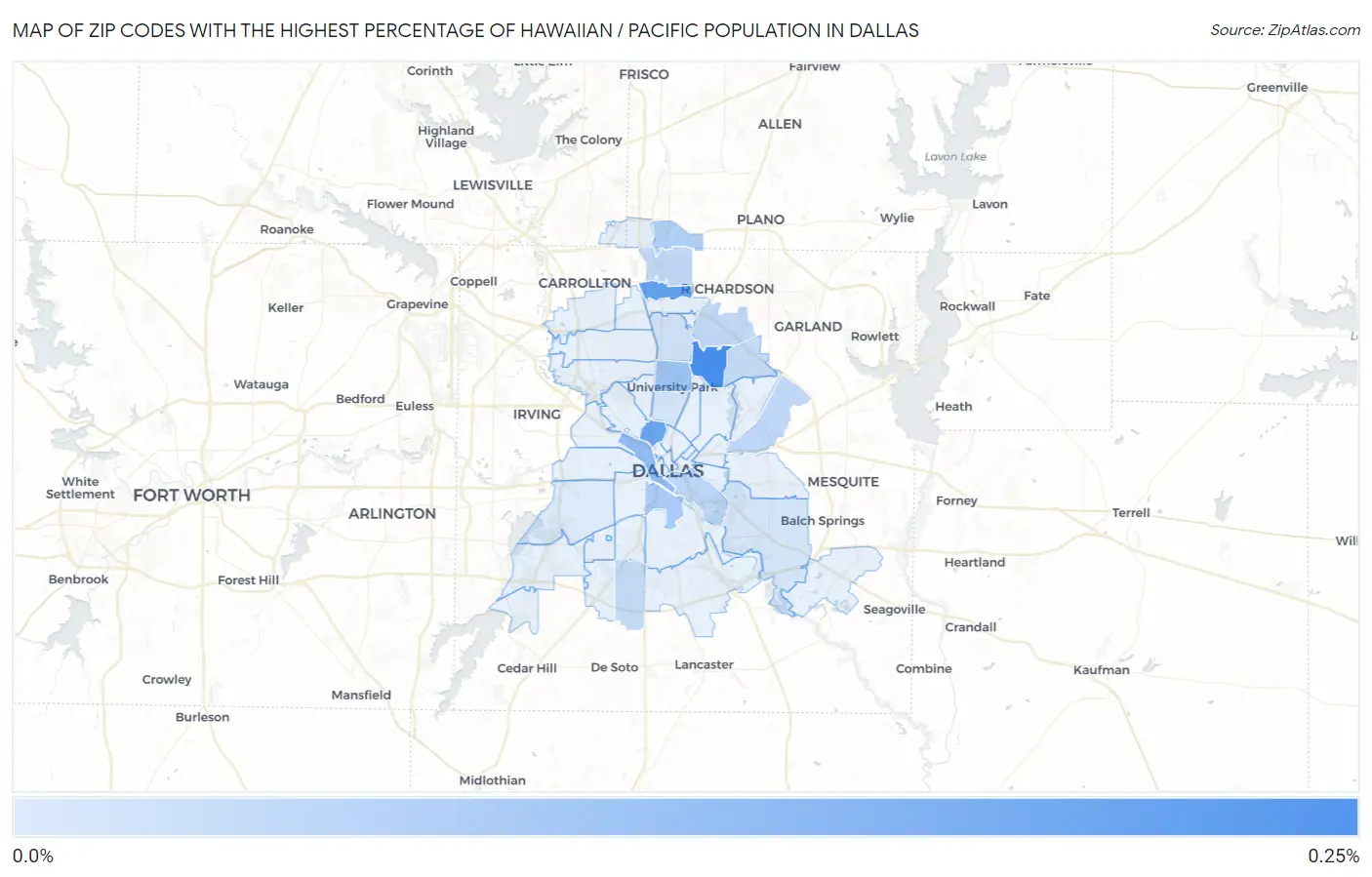 Zip Codes with the Highest Percentage of Hawaiian / Pacific Population in Dallas Map