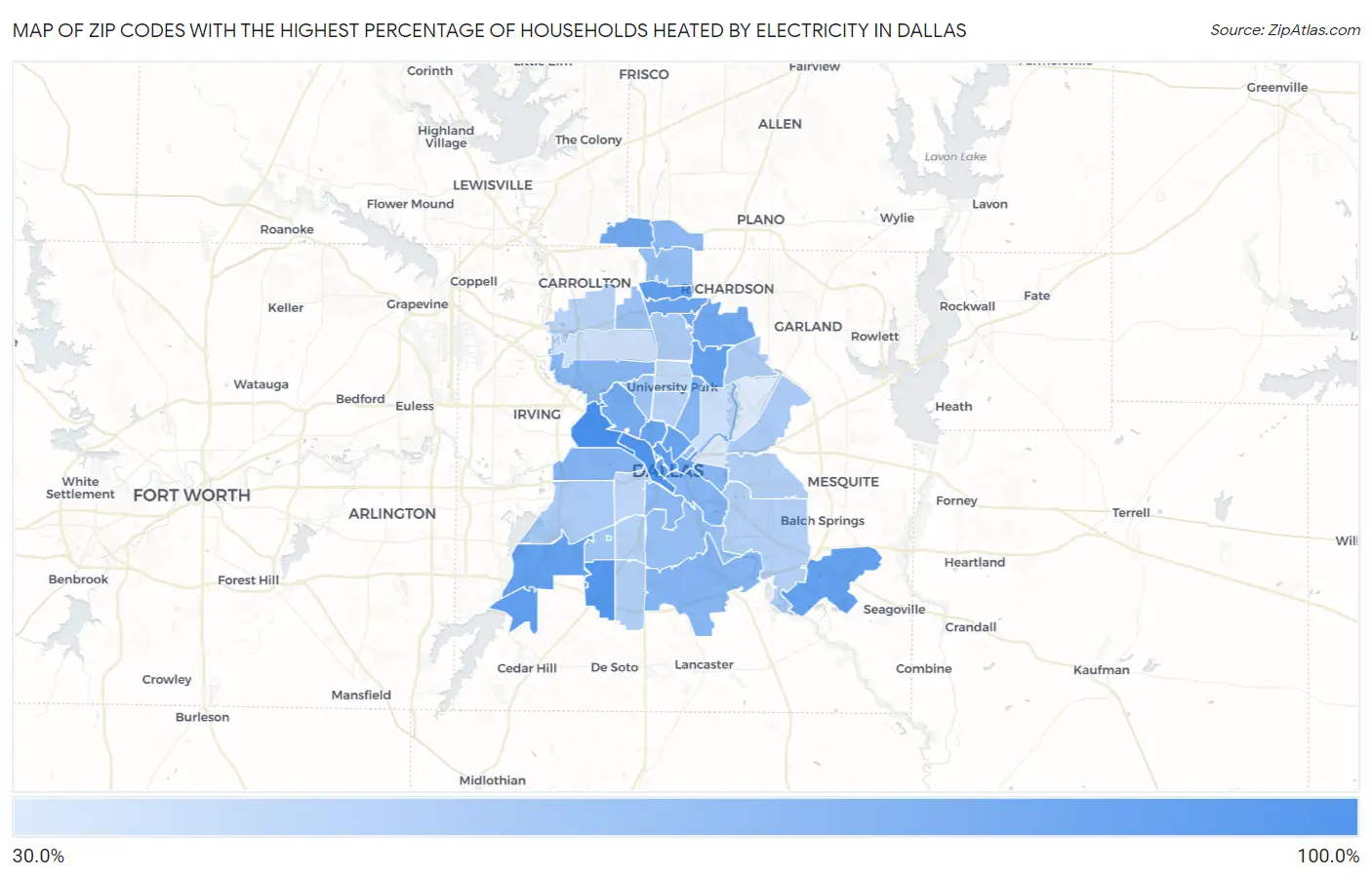 Zip Codes with the Highest Percentage of Households Heated by Electricity in Dallas Map