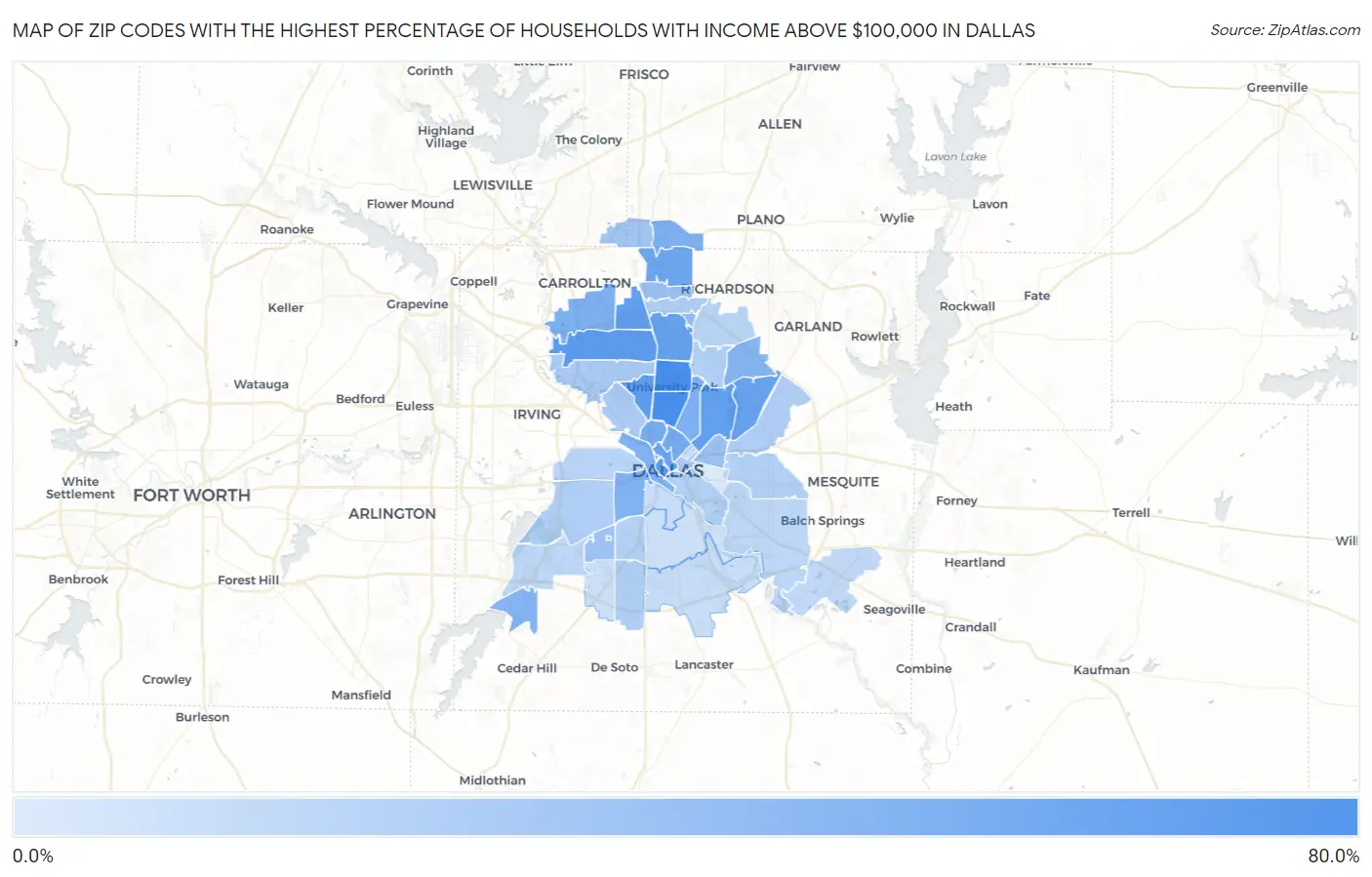 Zip Codes with the Highest Percentage of Households with Income Above $100,000 in Dallas Map