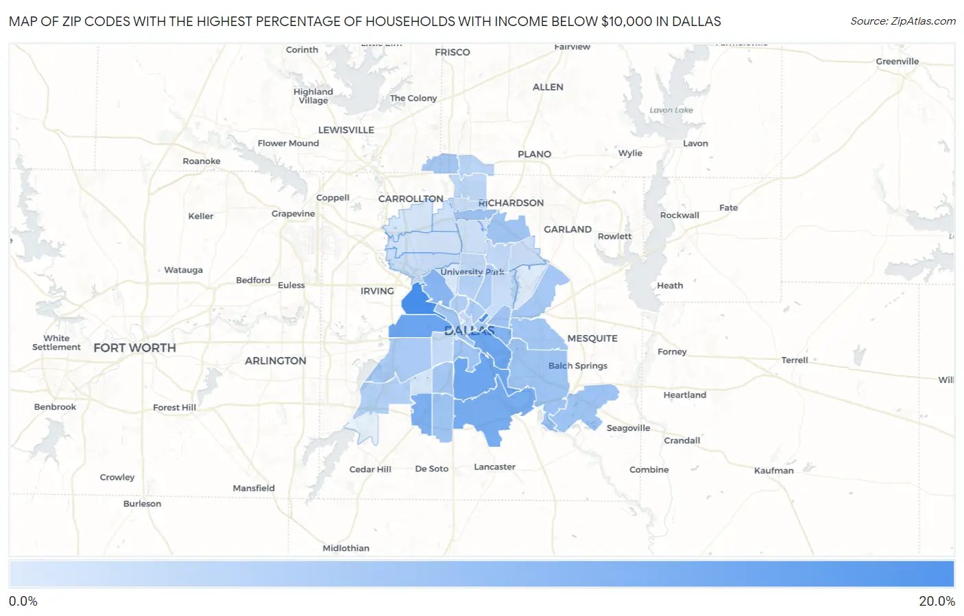 Zip Codes with the Highest Percentage of Households with Income Below $10,000 in Dallas Map