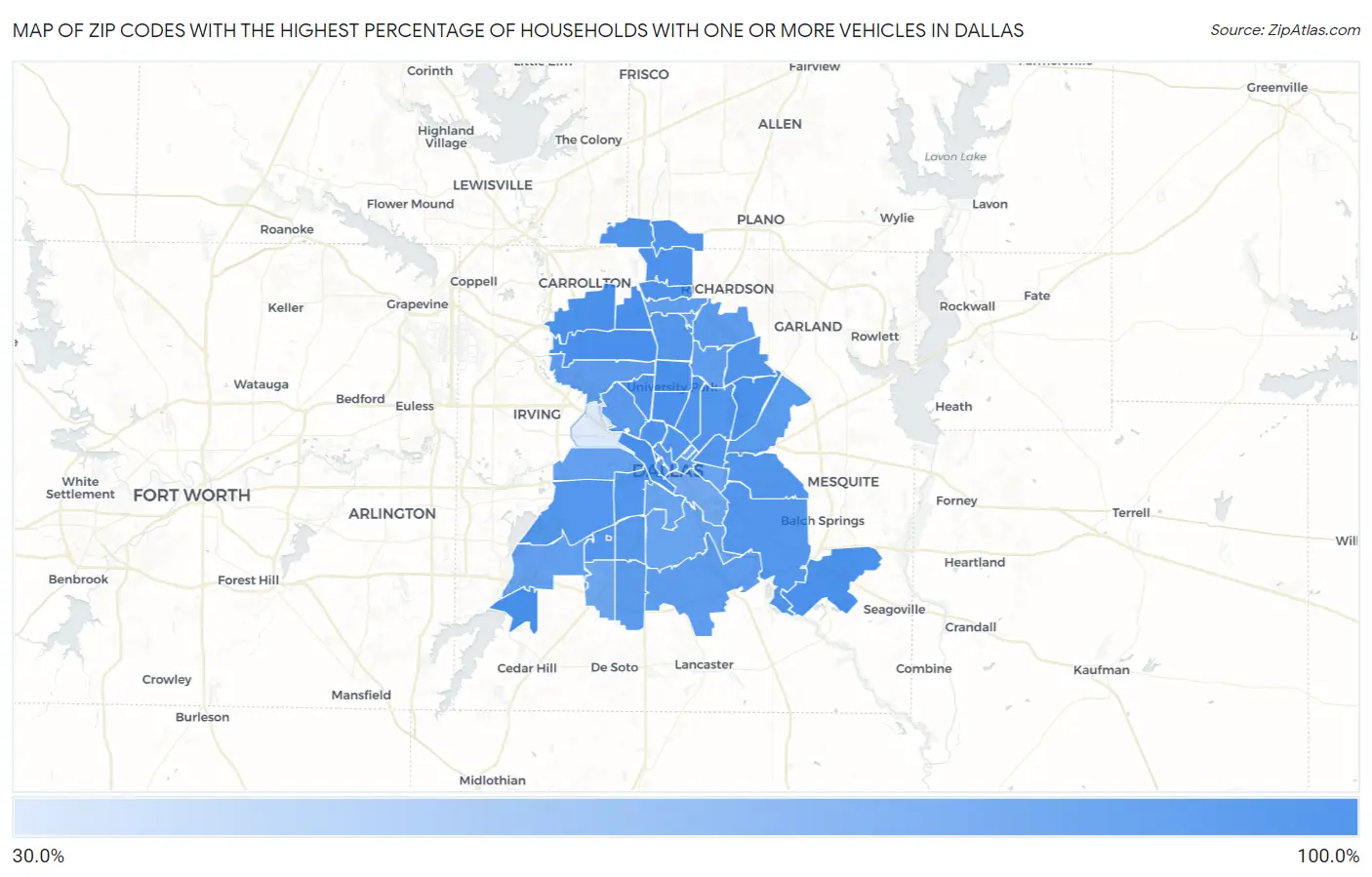 Zip Codes with the Highest Percentage of Households With One or more Vehicles in Dallas Map