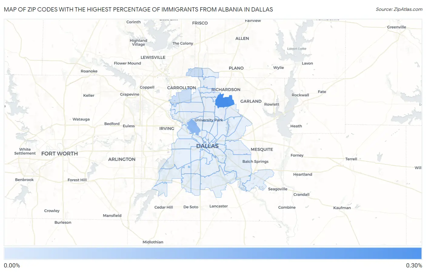 Zip Codes with the Highest Percentage of Immigrants from Albania in Dallas Map