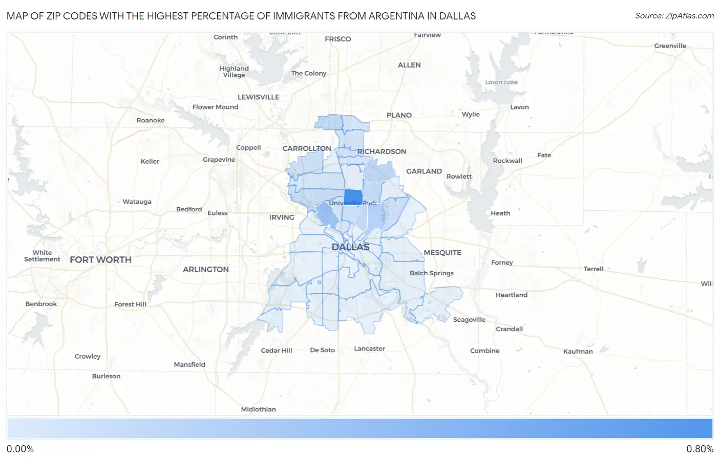 Zip Codes with the Highest Percentage of Immigrants from Argentina in Dallas Map