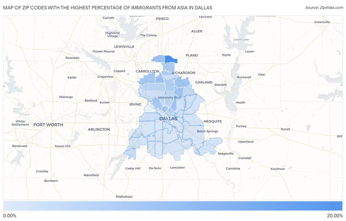 Zip Codes with the Highest Percentage of Immigrants from Asia in Dallas Map