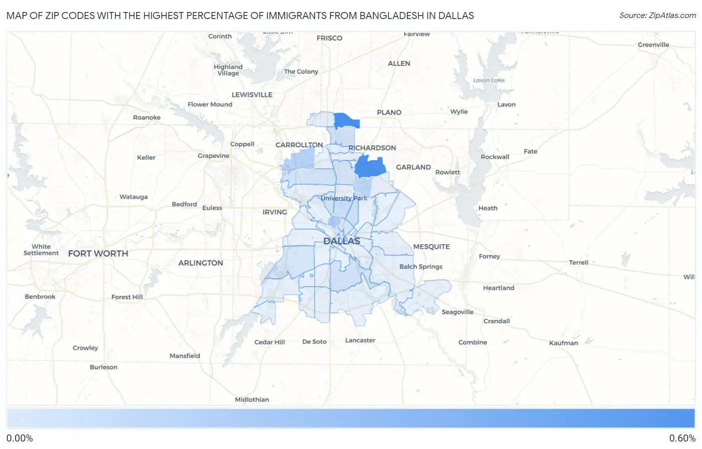 Zip Codes with the Highest Percentage of Immigrants from Bangladesh in Dallas Map