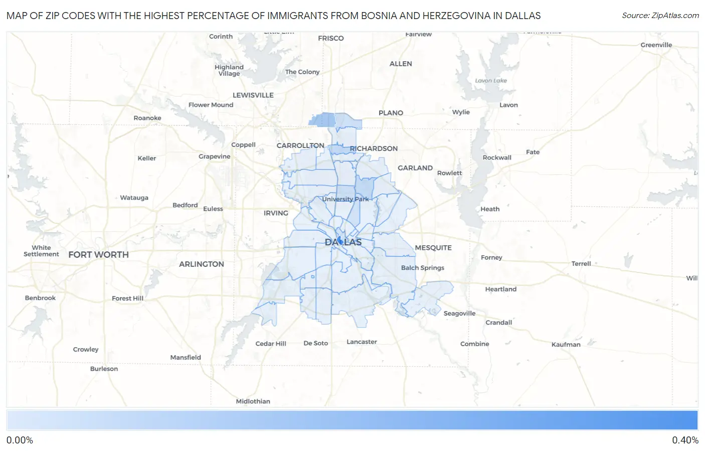 Zip Codes with the Highest Percentage of Immigrants from Bosnia and Herzegovina in Dallas Map