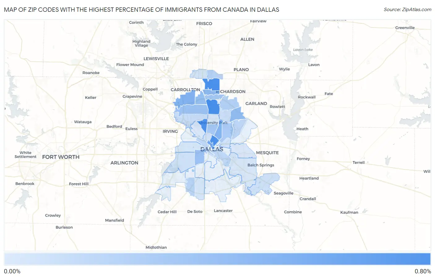 Zip Codes with the Highest Percentage of Immigrants from Canada in Dallas Map