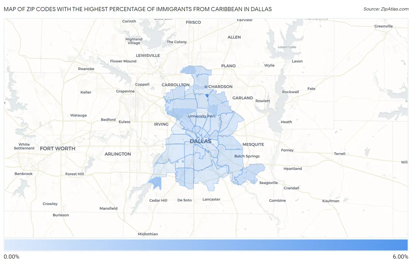 Zip Codes with the Highest Percentage of Immigrants from Caribbean in Dallas Map