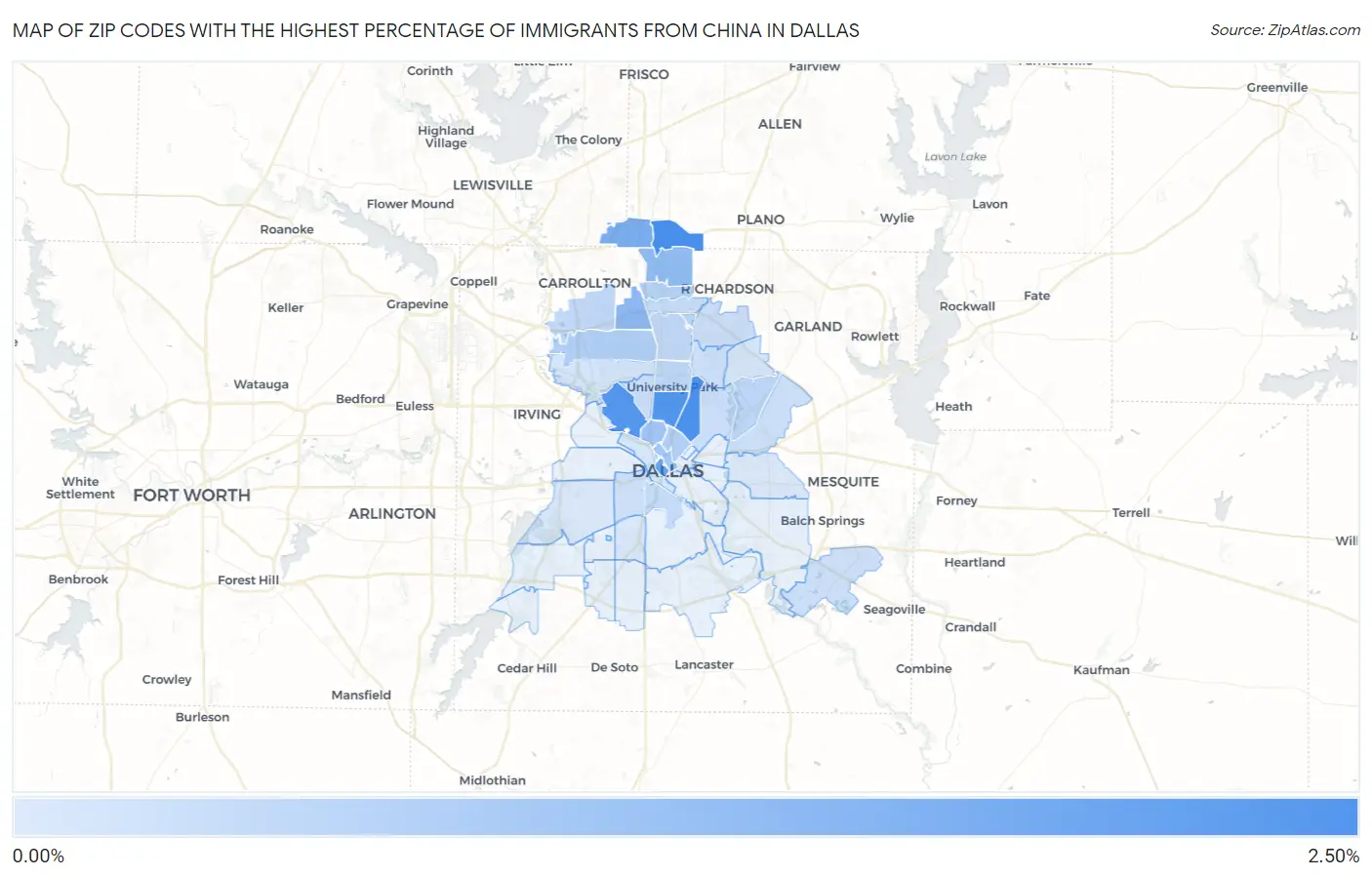 Zip Codes with the Highest Percentage of Immigrants from China in Dallas Map