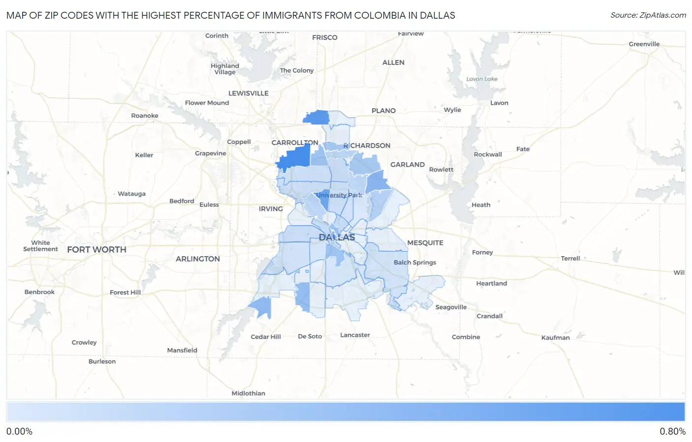 Zip Codes with the Highest Percentage of Immigrants from Colombia in Dallas Map