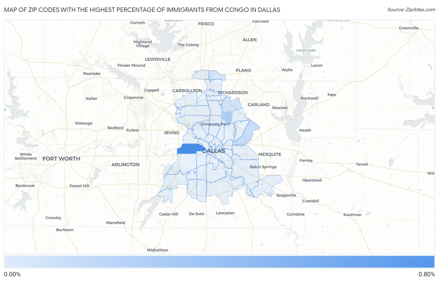 Zip Codes with the Highest Percentage of Immigrants from Congo in Dallas Map