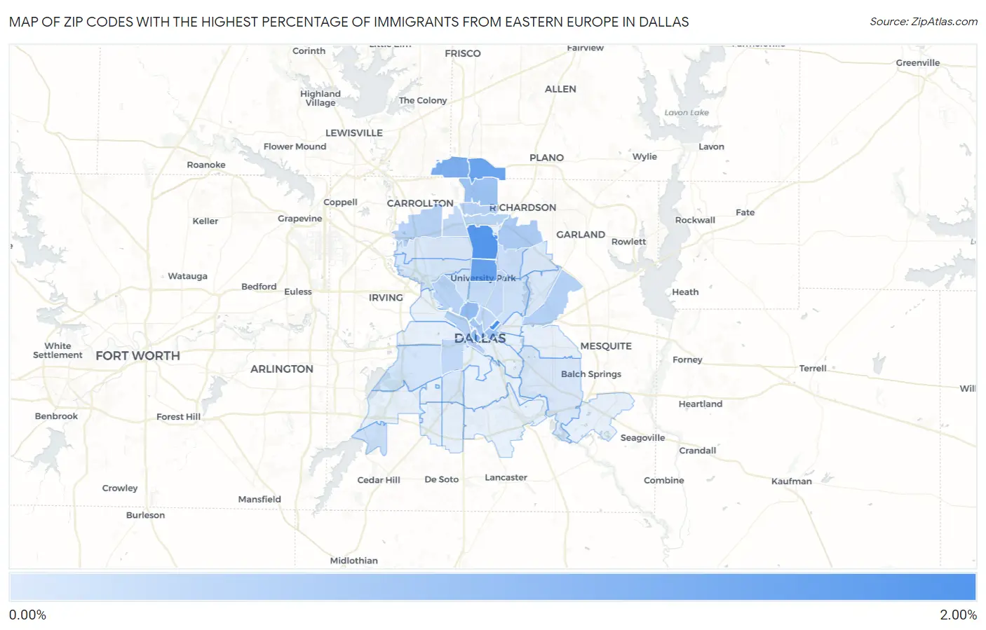 Zip Codes with the Highest Percentage of Immigrants from Eastern Europe in Dallas Map