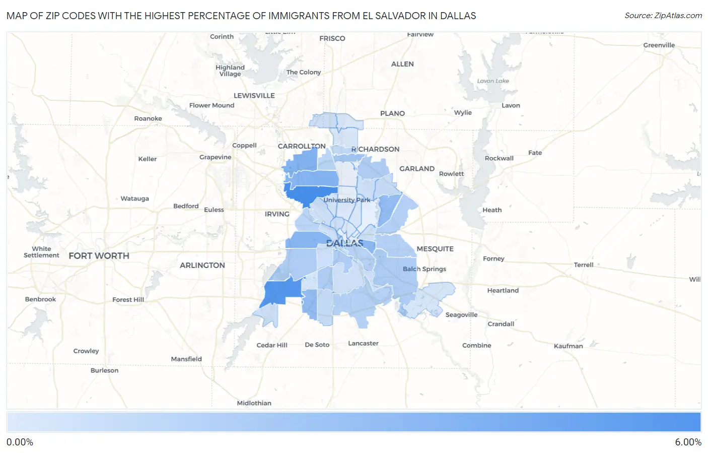 Zip Codes with the Highest Percentage of Immigrants from El Salvador in Dallas Map