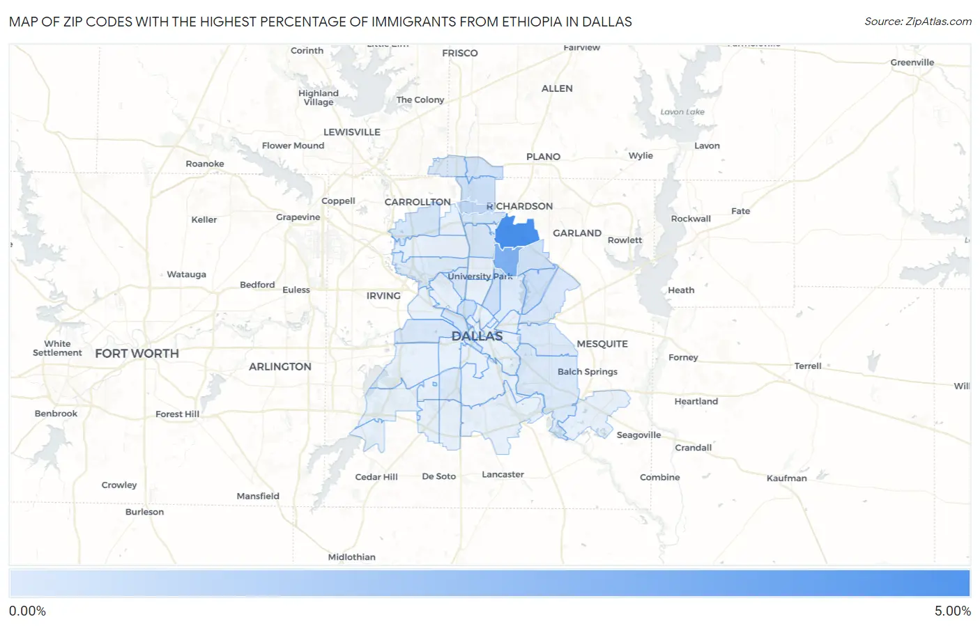 Zip Codes with the Highest Percentage of Immigrants from Ethiopia in Dallas Map