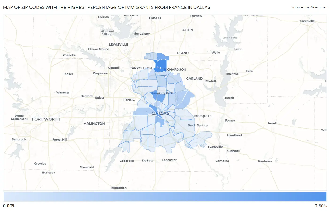 Zip Codes with the Highest Percentage of Immigrants from France in Dallas Map