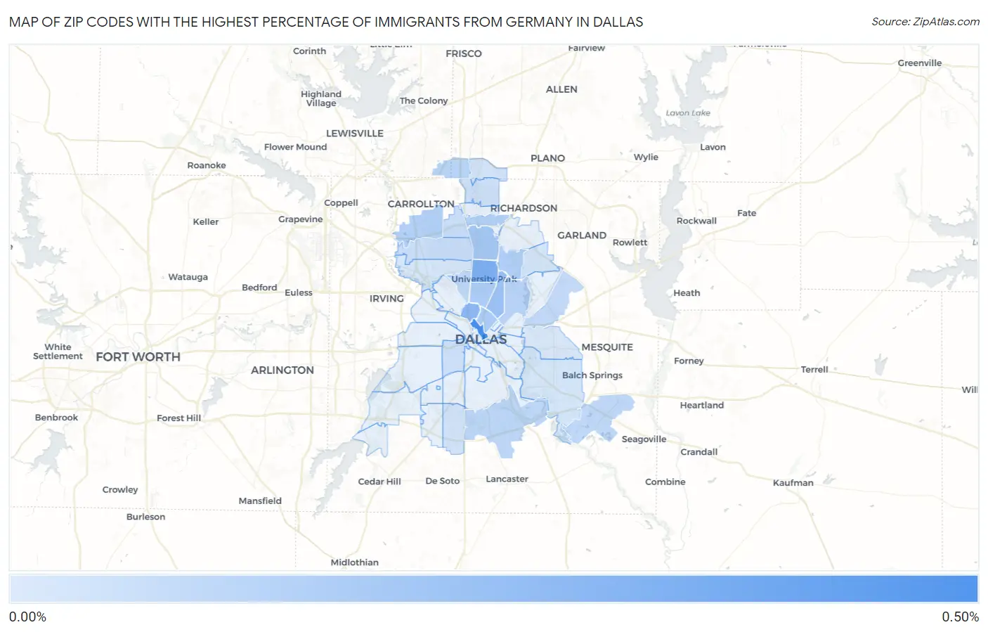 Zip Codes with the Highest Percentage of Immigrants from Germany in Dallas Map