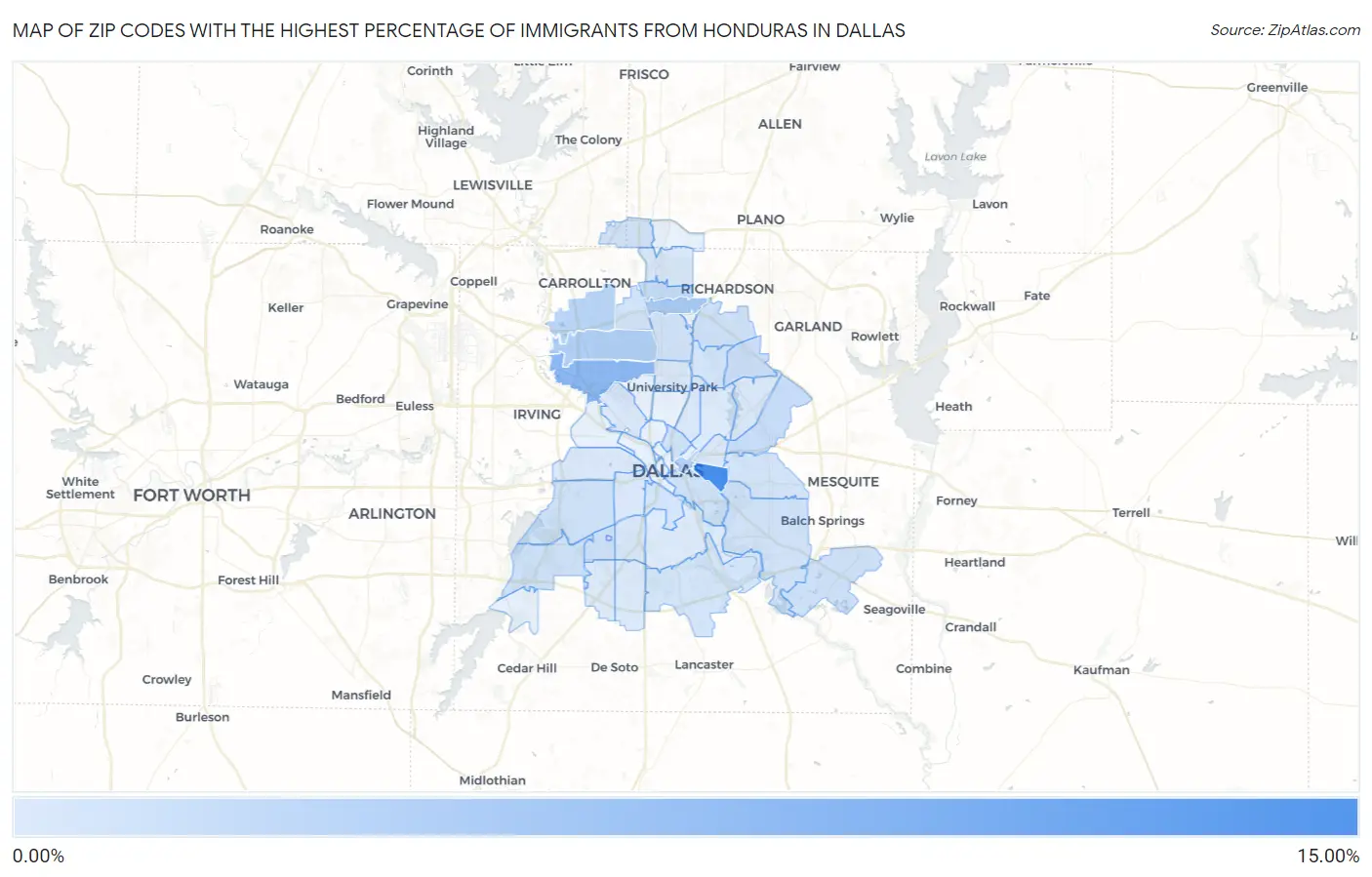 Zip Codes with the Highest Percentage of Immigrants from Honduras in Dallas Map