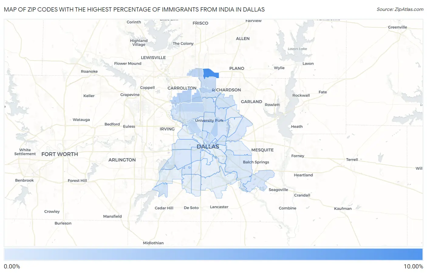 Zip Codes with the Highest Percentage of Immigrants from India in Dallas Map
