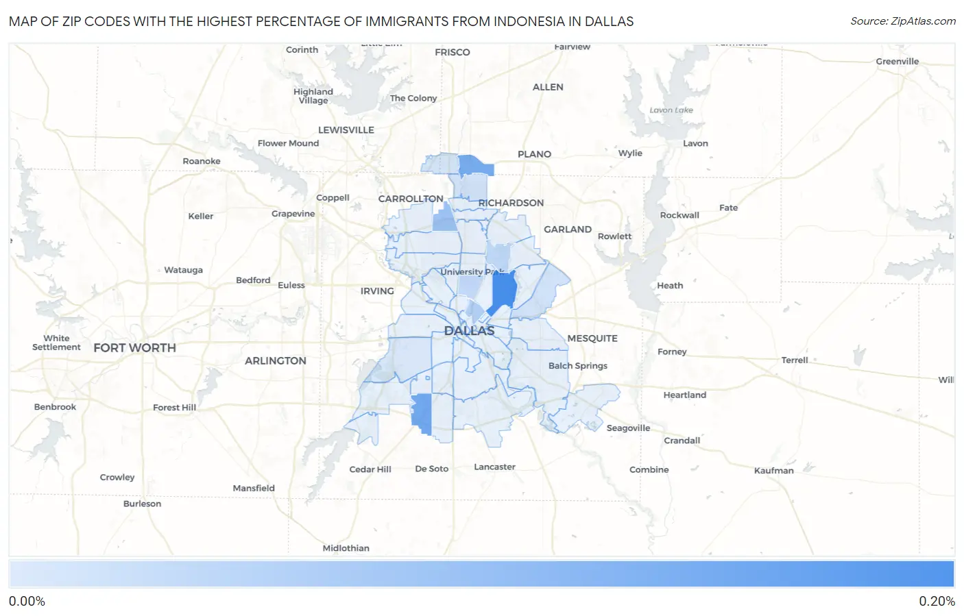 Zip Codes with the Highest Percentage of Immigrants from Indonesia in Dallas Map