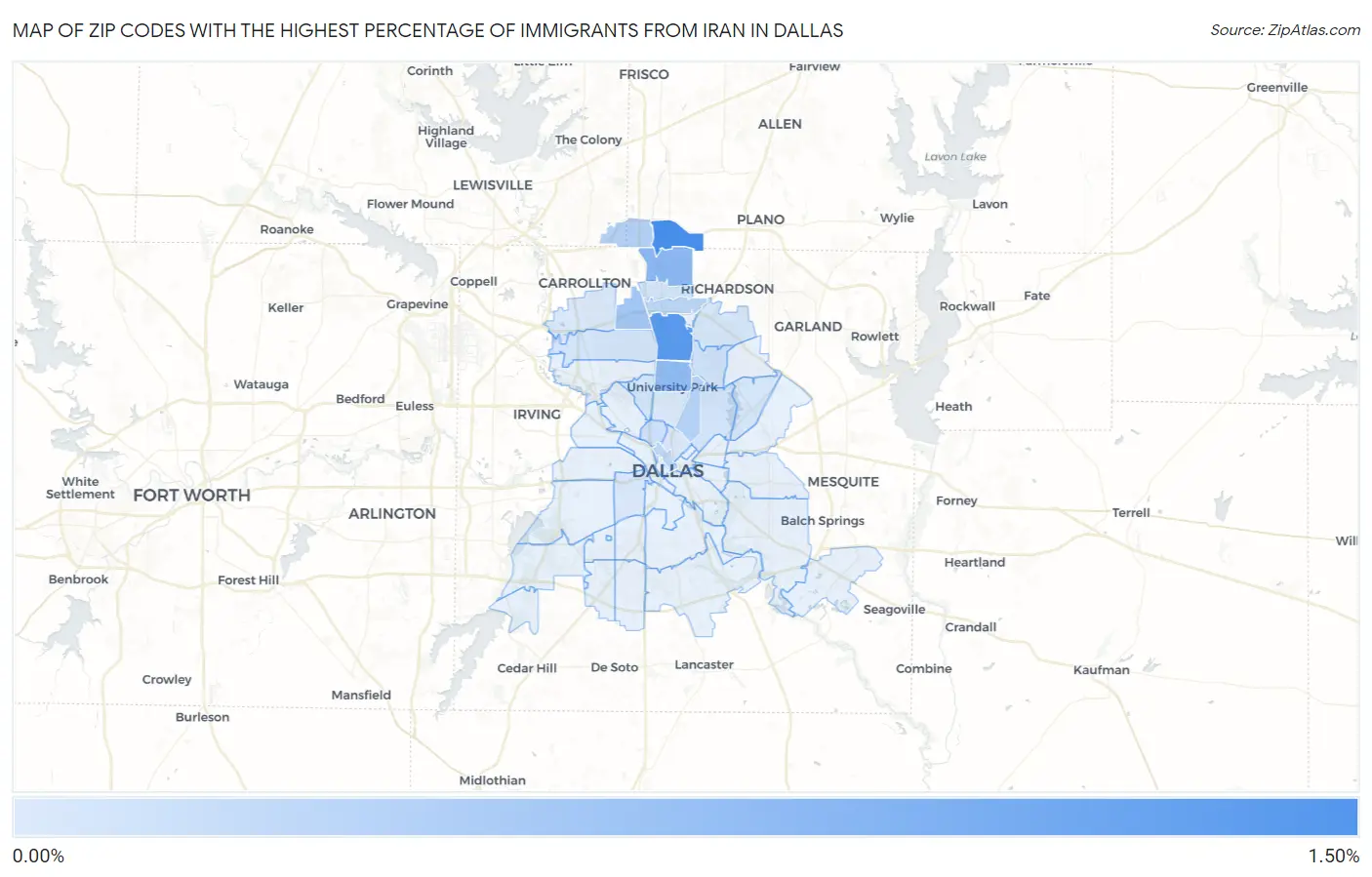 Zip Codes with the Highest Percentage of Immigrants from Iran in Dallas Map