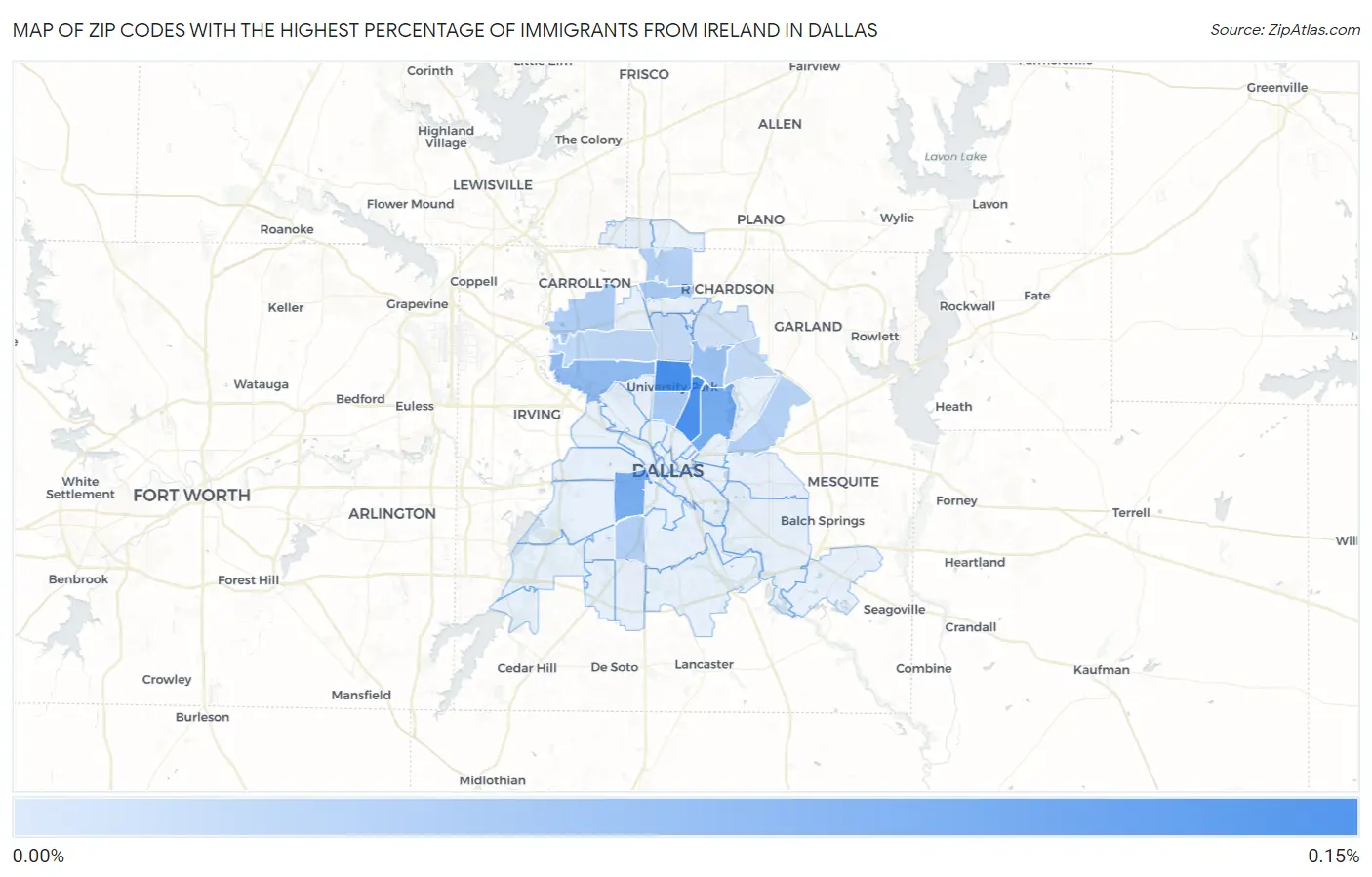Zip Codes with the Highest Percentage of Immigrants from Ireland in Dallas Map