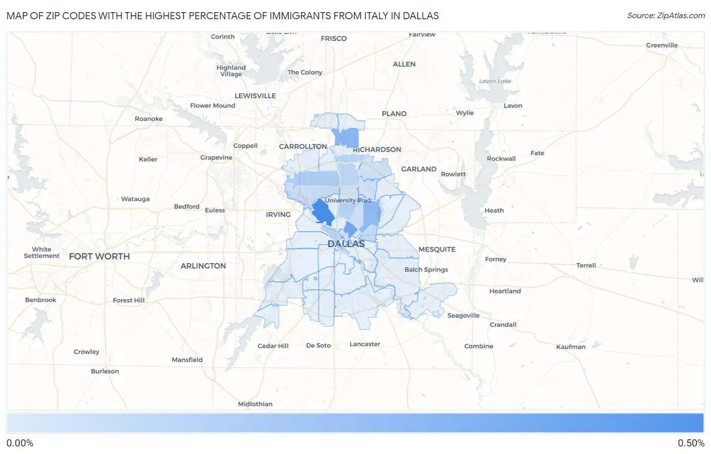 Zip Codes with the Highest Percentage of Immigrants from Italy in Dallas Map