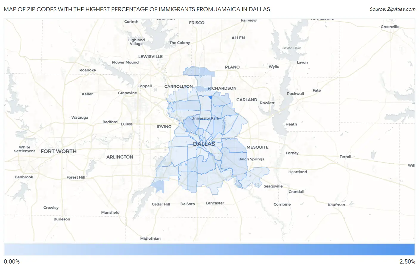 Zip Codes with the Highest Percentage of Immigrants from Jamaica in Dallas Map