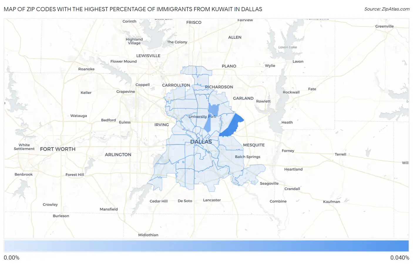 Zip Codes with the Highest Percentage of Immigrants from Kuwait in Dallas Map