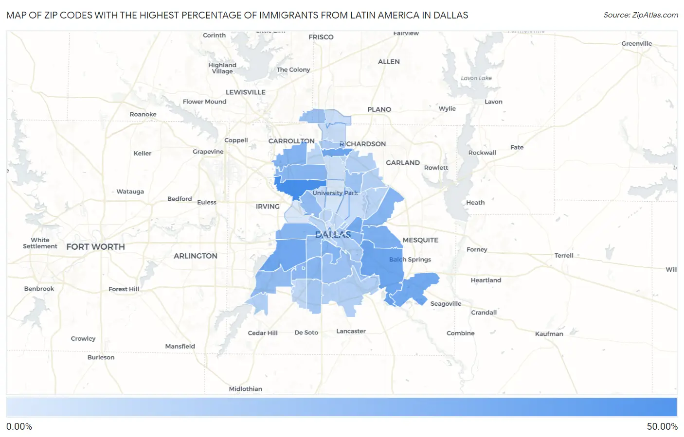 Zip Codes with the Highest Percentage of Immigrants from Latin America in Dallas Map