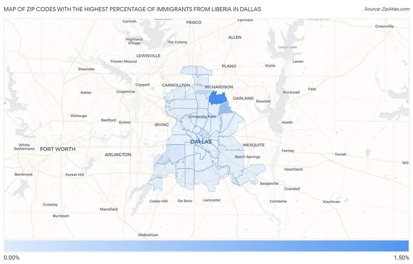 Zip Codes with the Highest Percentage of Immigrants from Liberia in Dallas Map