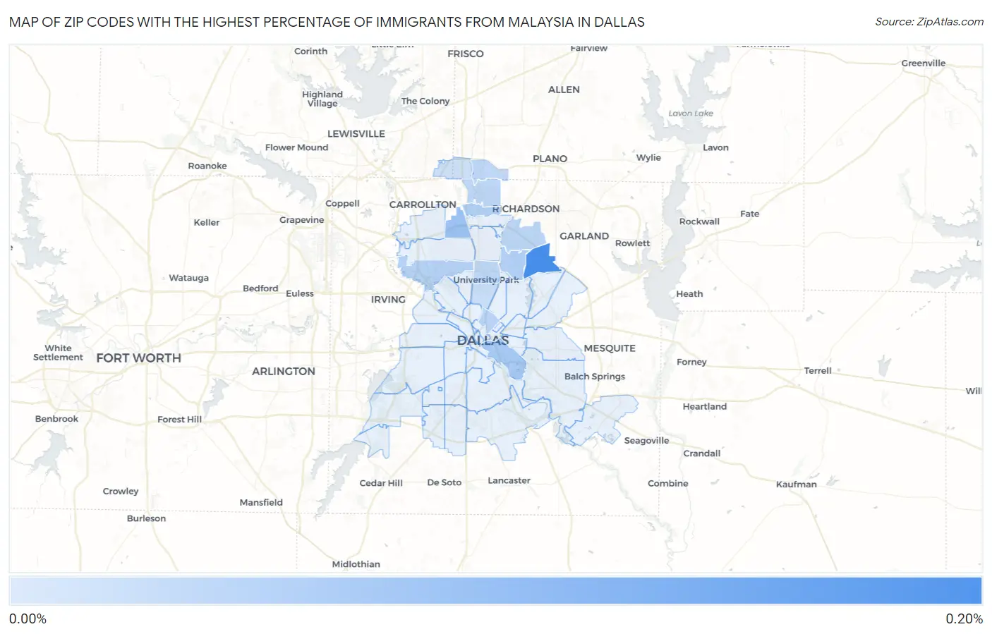 Zip Codes with the Highest Percentage of Immigrants from Malaysia in Dallas Map