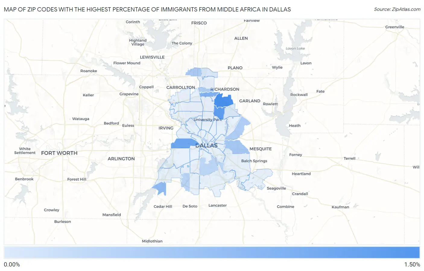 Zip Codes with the Highest Percentage of Immigrants from Middle Africa in Dallas Map