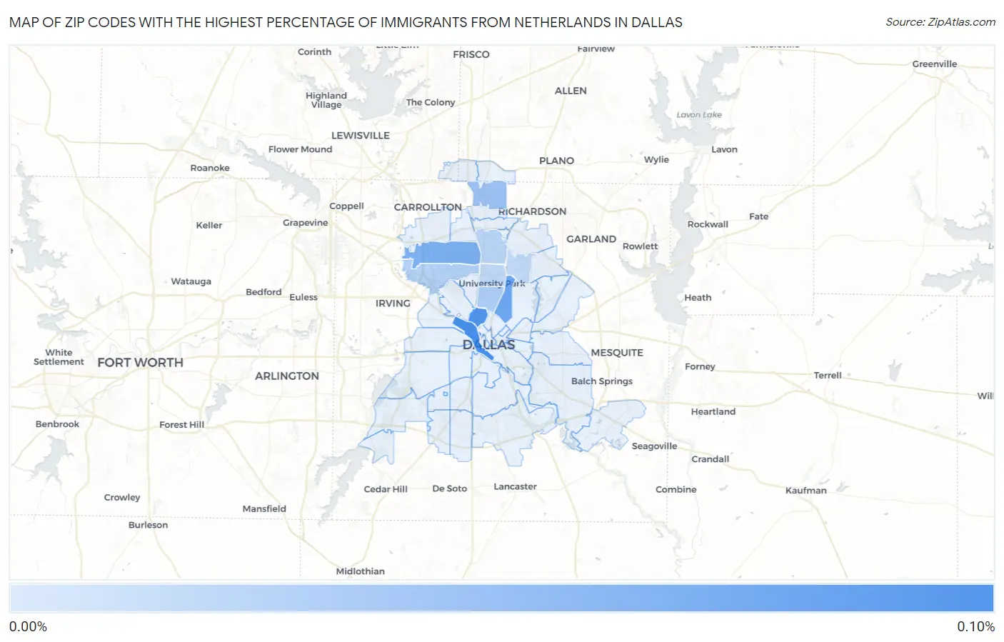 Zip Codes with the Highest Percentage of Immigrants from Netherlands in Dallas Map