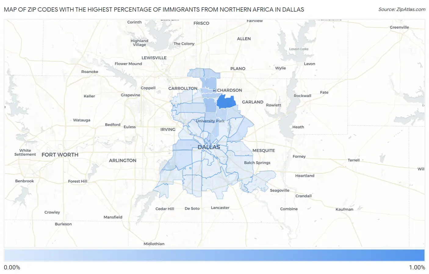 Zip Codes with the Highest Percentage of Immigrants from Northern Africa in Dallas Map